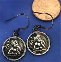 925 Sterling Silver Round Cherub Dangle Earrings