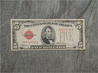1928 $5 US Note Red Seal - Nice