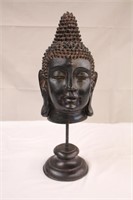 Wood Buddha head on stand, 6.5 X 19"H