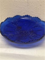 VINTAGE COBALT BLUE GLASS BOWL WITH HOLLY AND