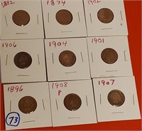 9 old indian head pennies 1874-1908