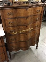 5 DRAWER ANTIQUE CURVED FRONT OAK CHEST