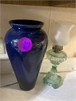 LARGE BLUE VASE AND GREEN BOTTOM OIL LAMP