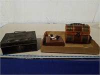 Old tin box, miniature trunk and playing cards box
