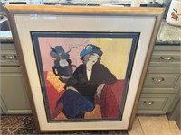 FRAMED ARTWORK - TARKAY - SEATED WOMAN WITH HAT -"