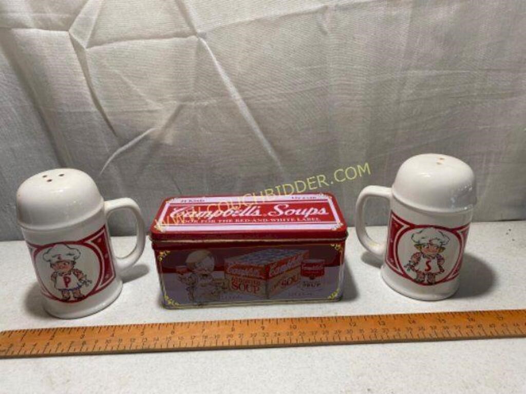 Campbell's soup salt and pepper shaker and tin