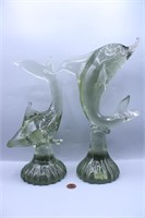 Pair Vtg. Green Art Glass Dolphins