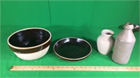 Stoneware bowl, pie plate, water bottle, vase
