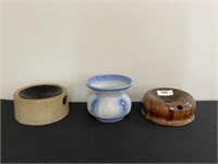 2 Stoneware Spittons and Blue & White Flower Pot