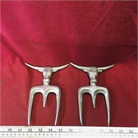 Pair Of Pewter Bull BBQ Steak Forks