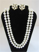 Vtg Nice Dbl Strand Pearl Necklace & Screw Earring