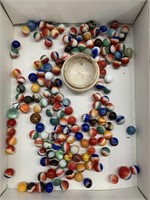 Box lot assorted marbles and potlid base