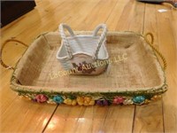 wicker flower basket (13"),  porcelain basket, 5"