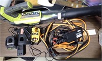 RYOBI LEAF BLOWER, JUMPER CABLES, BATTERY CHARGERS