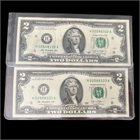 Consecutive Serials (2) $2 Dollar Bills 2013