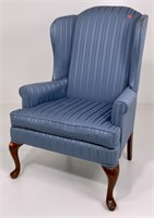 Queen Anne wing chair, cabriole legs, blue stripe
