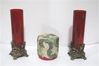 Vintage Poinsettia Candle & Set of Red Holders