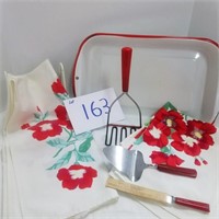 Red & white enamel oblong pan; utensils