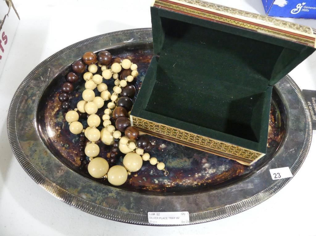 SILVER PLATE TRAY W/ WOOD BEADED NECKLACES ETC.