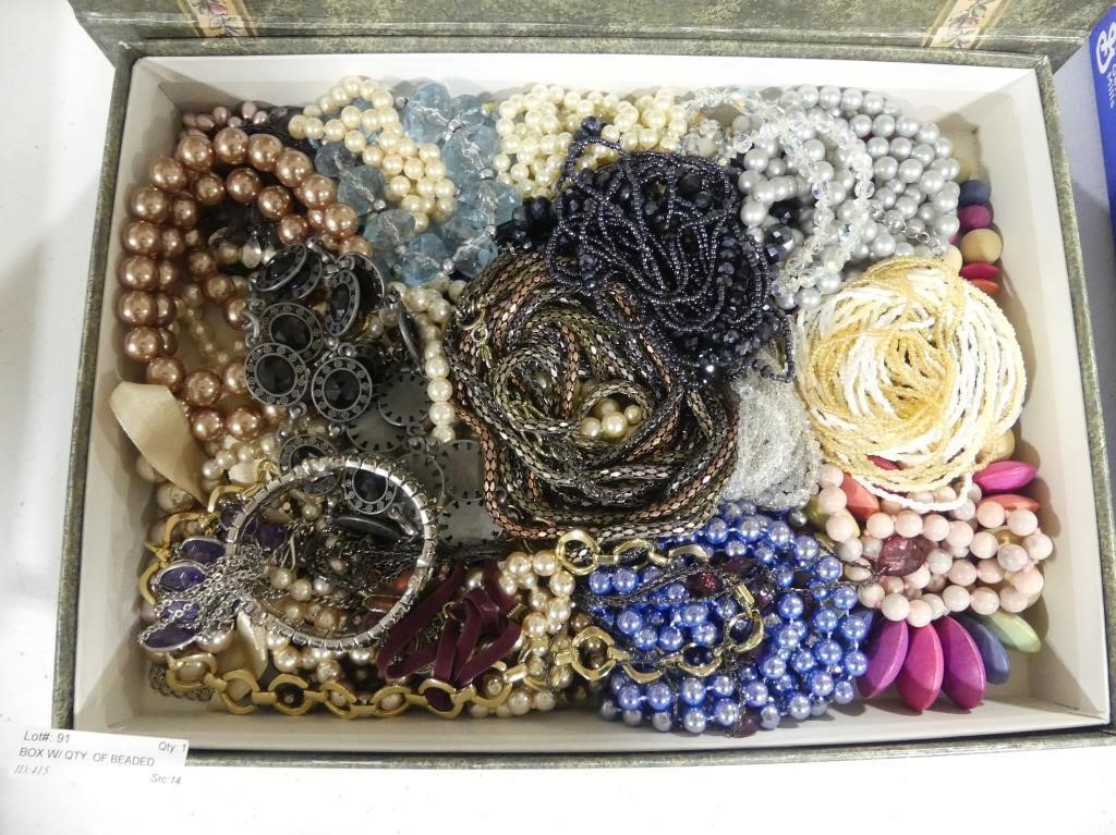 BOX W/ QTY. OF BEADED NECKLACES ETC.