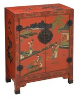 CHINESE RED LACQUER FIGURAL DECORATED CABINET