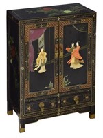 CHINESE BLACK LACQUER STONE FIGURAL CABINET