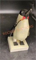 Hand carved wooden penguin statue signed