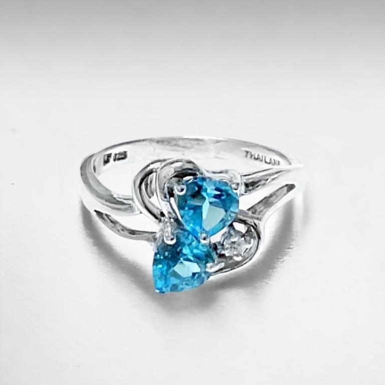 Double Heart Blue Topaz Sterling Silver Ring