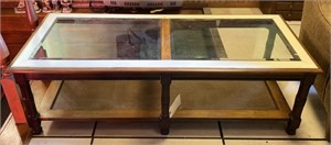 Glass Top Wood Coffee Table w/ Cane Bottom, 51” x