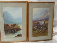 Pair Watercolors  British Cattle Landscapes,