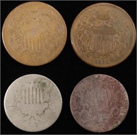 (2) 2-CENT PIECES & (2) SHIELD NICKELS