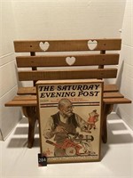 Framed Saturday Evening Post & Decorative Bench