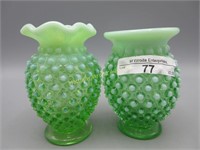 2 Fenton 3.5" green opal Hobnail mini vases