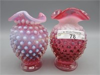 2 Fenton 3.5" cranberry opal Hobnail mini vases
