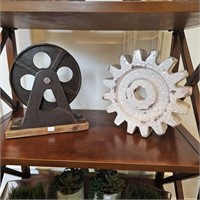 Crackle Glaze Gear & Metal Pulley Sculptures