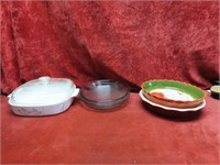 Corning ware dish, and glass pie pans.