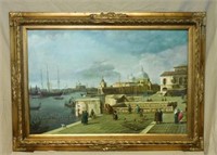 European Harbor Scene Oil on Canvas, Signed.