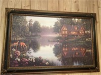 Oil on canvas painting deers/lake house 41 1/2”