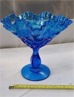 FENTON GLASS 6" COLONIAL BLUE COMPOTE THUMBPRINT