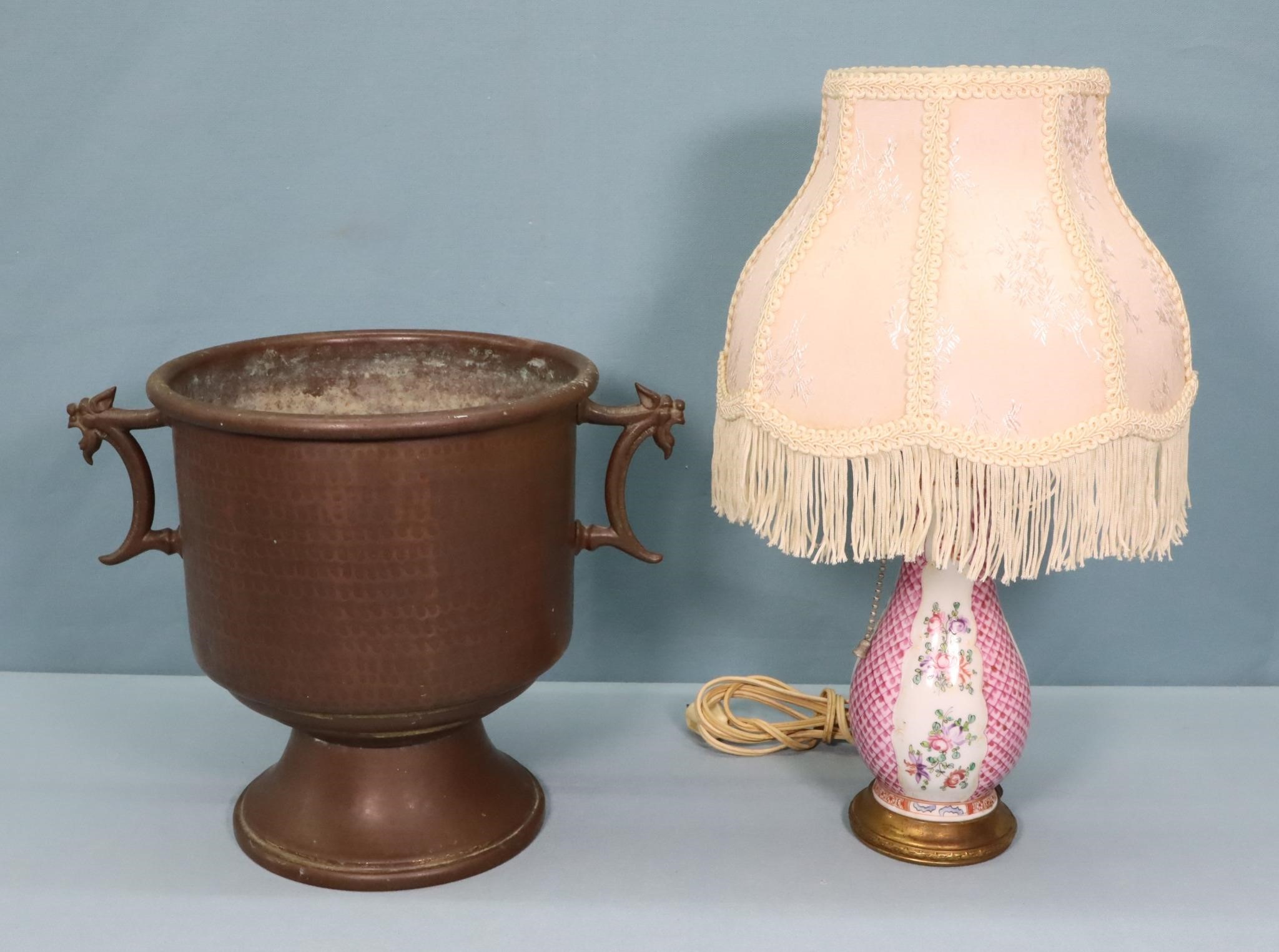 Chinese Export Lamp + Hammered Copper Jardiniere