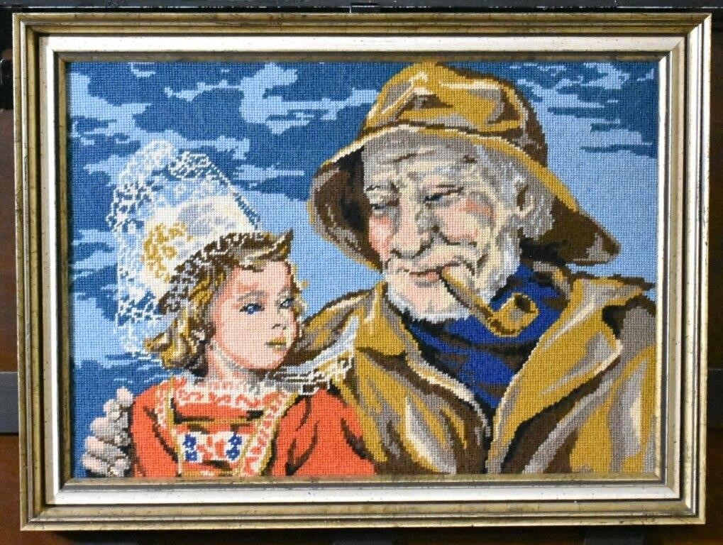 FRAMED NEEDLEPOINT 'FISHERMAN AND YOUNG GIRL'