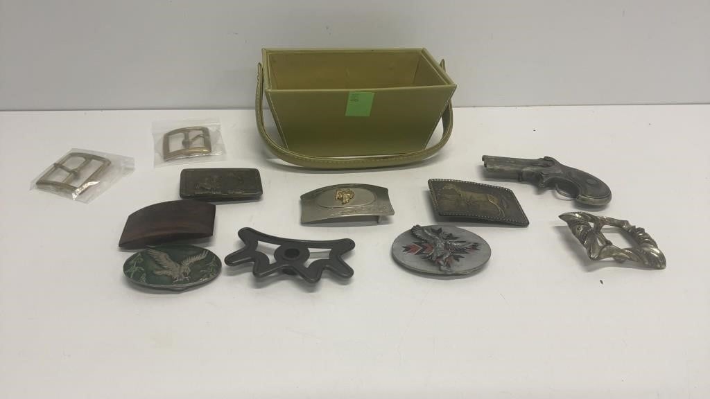 Little green tote with (11) vintage belt buckles