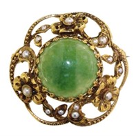 14kt Gold Jade & Seed Pearl Pendant/Pin