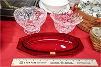 (2) Small Crystal Bowls; Ruby Red Oval Dish