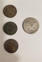 (3) Indian Head Pennies (1) Silver Quarter