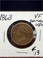 1863 1 cent Indian Head -VF Damaged OBV