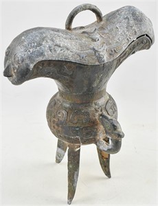 Antique Chinese Ceremonial Bronze Jue Wine Vessel