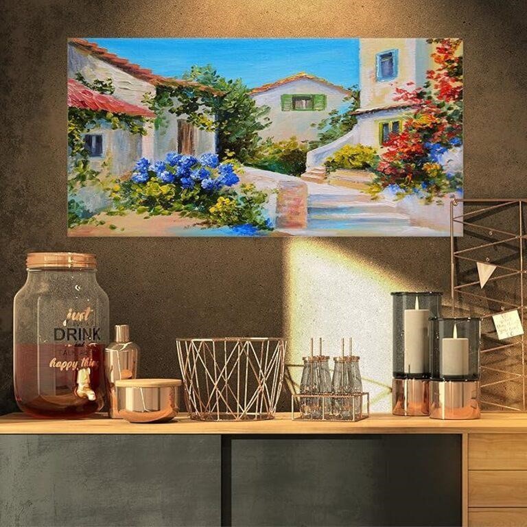 32x16 "Houses Near Sea Landscape" Canvas Art