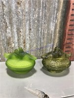 Clear green, satin green bird covered dishes