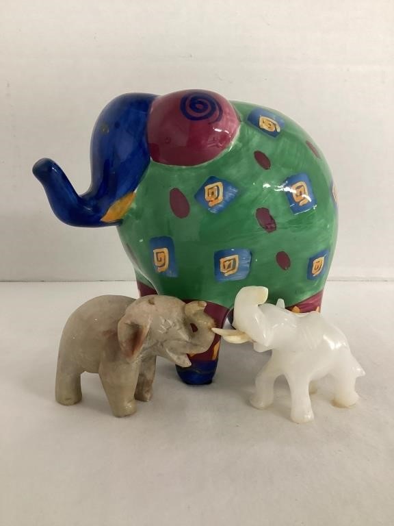 Ceramic Elephant Bank and Two Stone Elephants